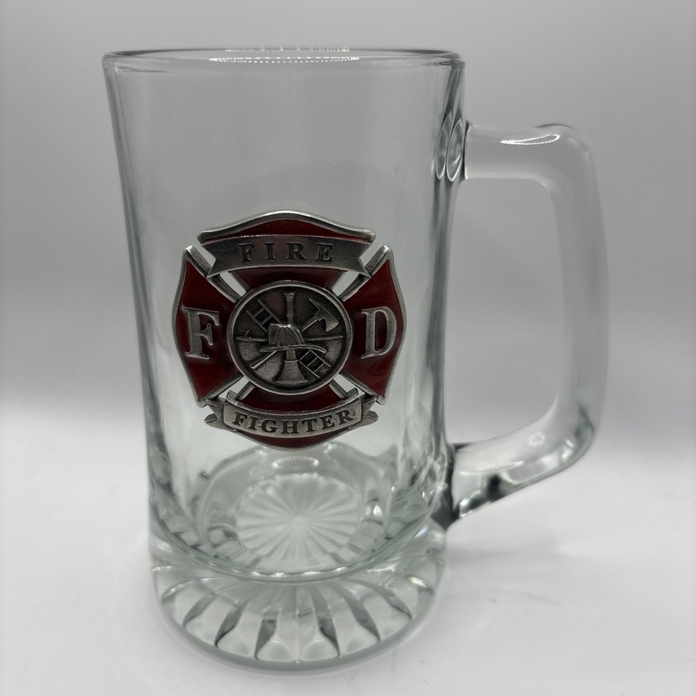 Heritage Pewter Fire Fighter Glass‎ Beer Stein Raised Emblem Fire Dept Glass